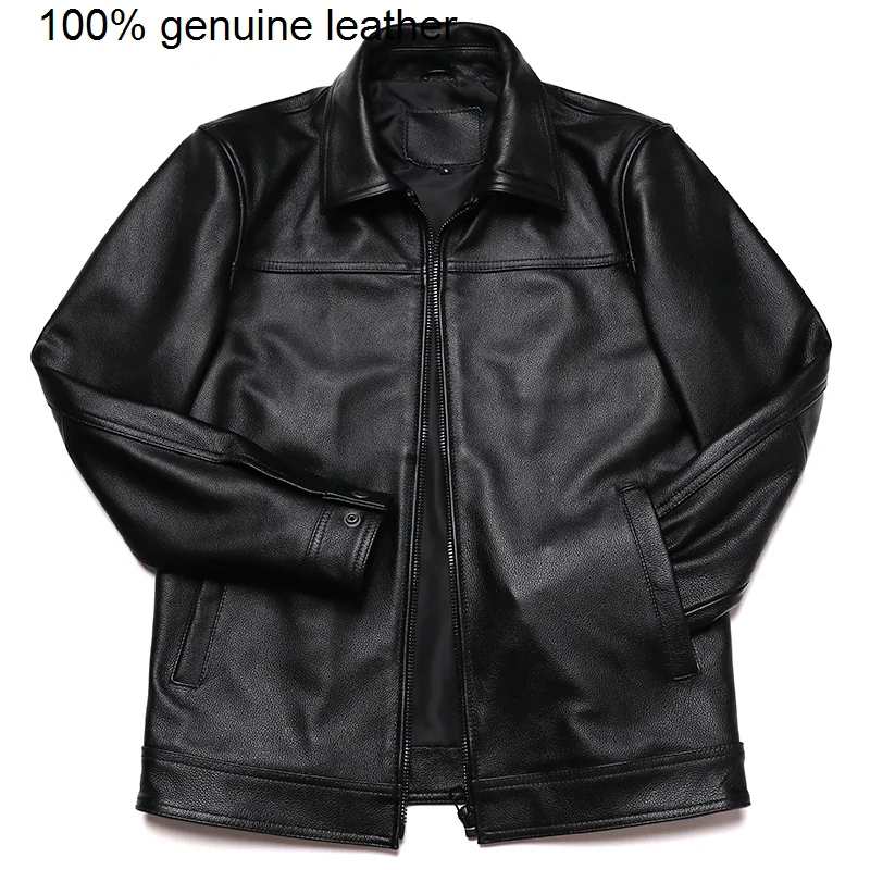 

Leather Classical Coat Turndown Collar Genuine Men's Natural Cowhide Calf Skin Jacket Business Clothing Plus Size 5XL