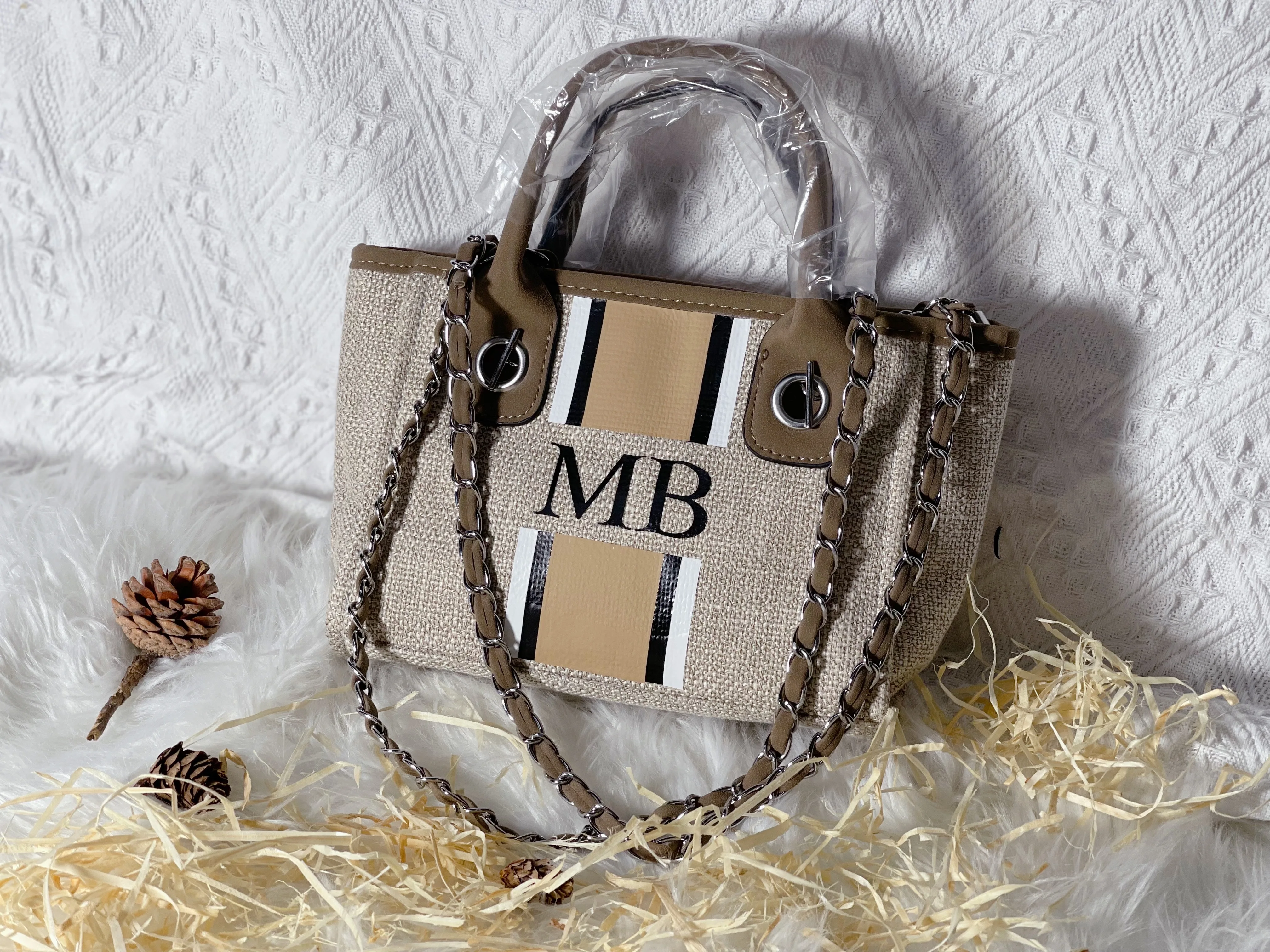 

Personalized Monogram Tote Bag Canvas Custom Beige Brown White Chain Handbag Personalised Stripe Initials Chain Bag Bride Gift