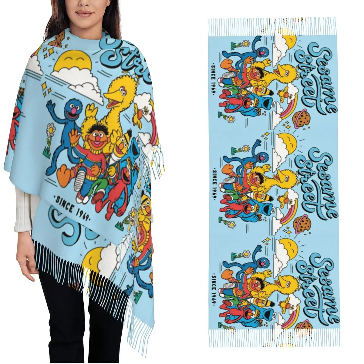 Групповая шаль с персонажами Улицы Сезам для женщин теплый большой мягкий шарф