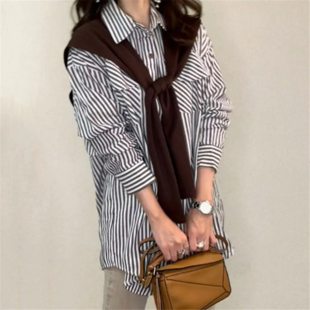 

Женская блузка в японском и корейском стиле, свободная Вязаная Шаль кофейного цвета, полосатая рубашка с длинными рукавами, женская имитаци...