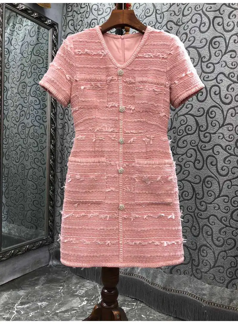 

2022 Autumn Winter Fashion Dress High Quality Women V-Neck Beading Button Deco Short Sleeve Bodycon Pink Tweed Wool Dress Slim