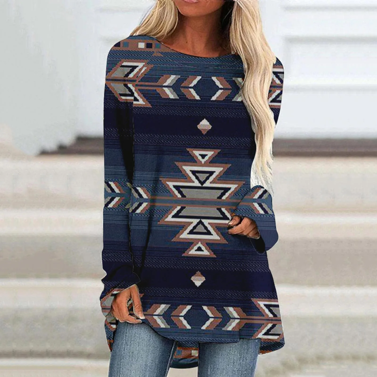 

Women Casual Round Neck Shirt Long Sleeve Ethnic Print Blouse Long T Shirt Top Ladies Button Blouses Separates