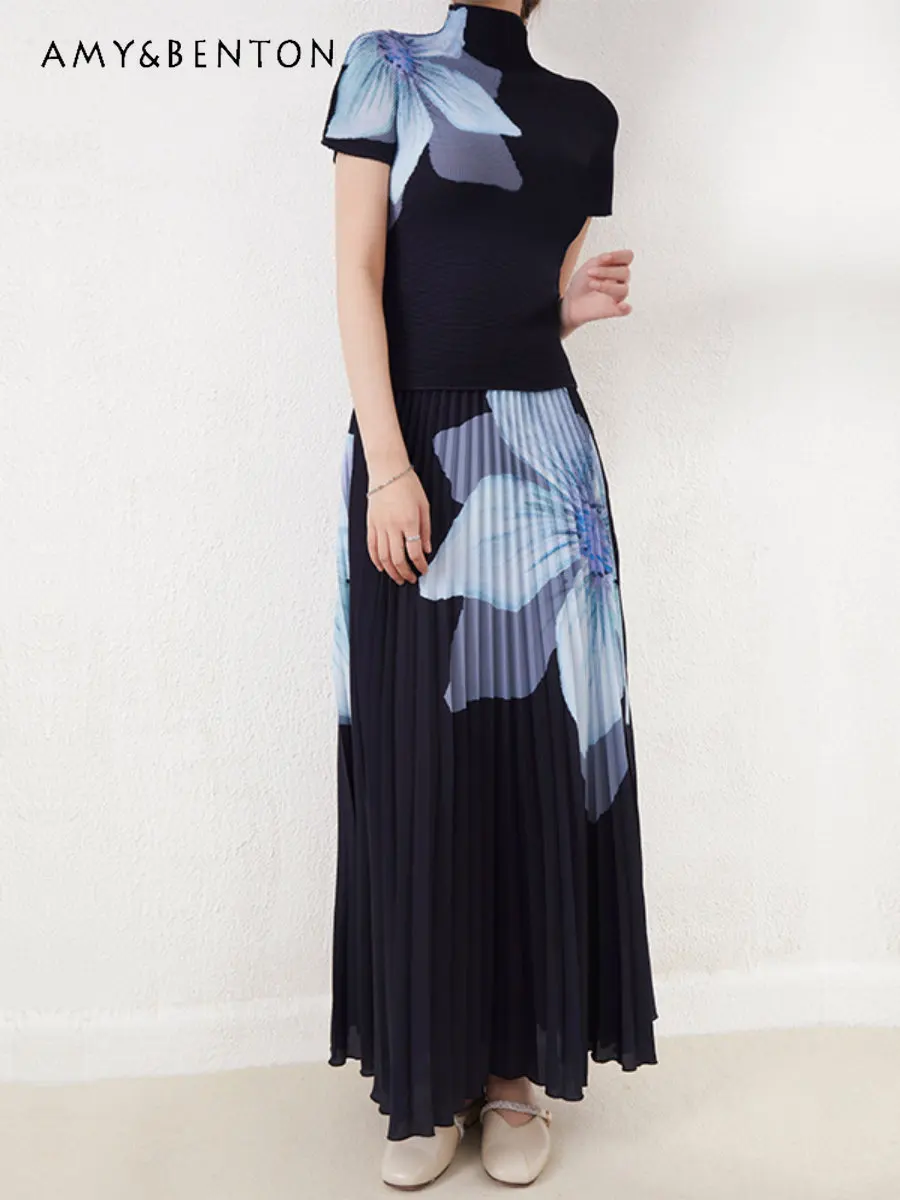 

Elegant High-End Women's Short Sleeve T-shirt Printing Tops Summer 2023 New High Sense Mid-length Skirt Two-Piece Fashion Set