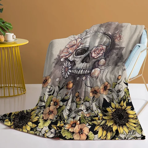 Фланелевое Одеяло с 3d-изображением черепа подсолнуха, покрывало с принтом готических цветов, для гостиной, спальни, кровати, дивана, пикника на все сезоны
