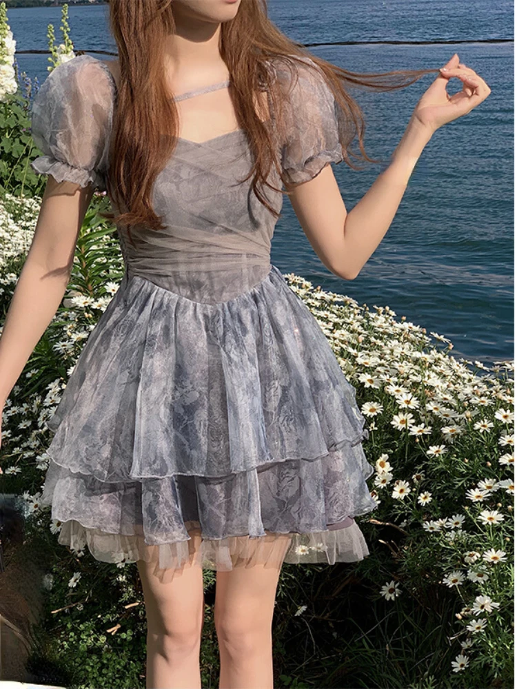 

2022 Summer Sweet Kawaii Floral Mini Dress Woman Party French Vintage Korea Fashion Dress Casual Elegant Short Sleeve Dress Slim