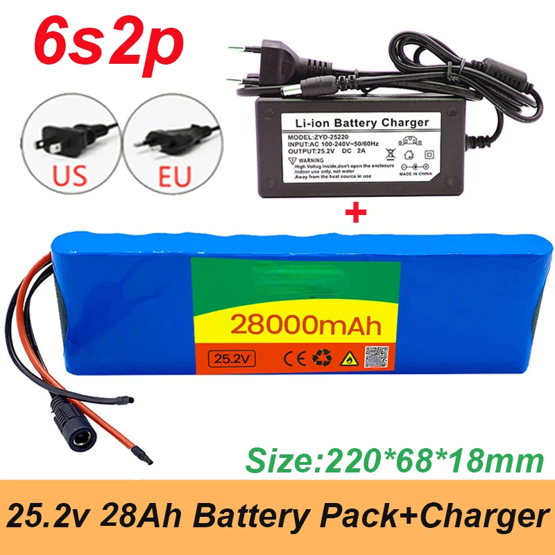 

100% высококачественный 24 В 28000 мАч 6s2p 18650 литиевый аккумулятор 25,2 в 28000 мАч, с усилителем BMS для электрического велосипеда + зарядным устройств...