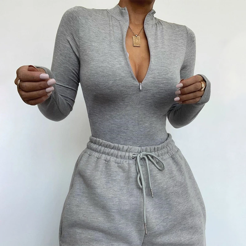 

OMSJ New Solid Skinny Autumn Bodies Ladies Gray Long Sleeve Casual Zipper Turtleneck Slim Bodycon Rompers Basic Workout Bodysuit
