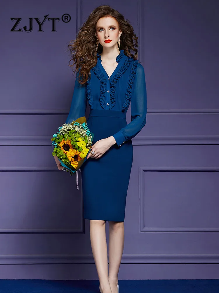 

ZJYT Spring Autumn Office Lady Elegant Pencil Dress for Women 5XL Clothing Fashion Ruffles Patchwork Knee Length Vestidos