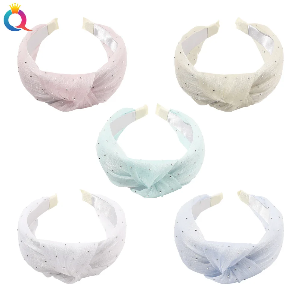 

Korea Bright Silk Gauze Knotted Cross Hair Hoop Water Diamond Head Hoop Simple Versatile Wide Edge Hair Accessories