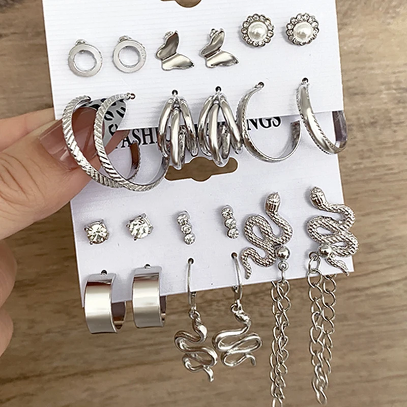 Модные серебряные серьги в комплекте длинные серьги-подвески виде змеи с