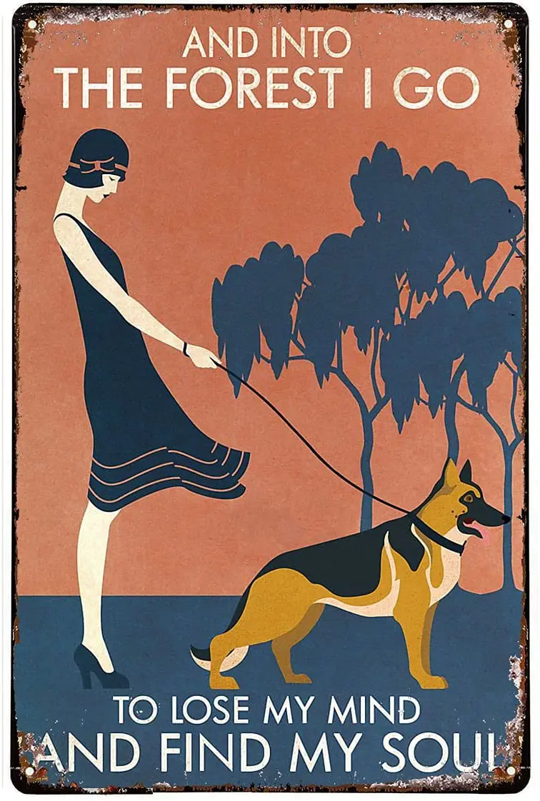 Винтажная девушка в лесу немецкой овчарки металлическая жестяная вывеска