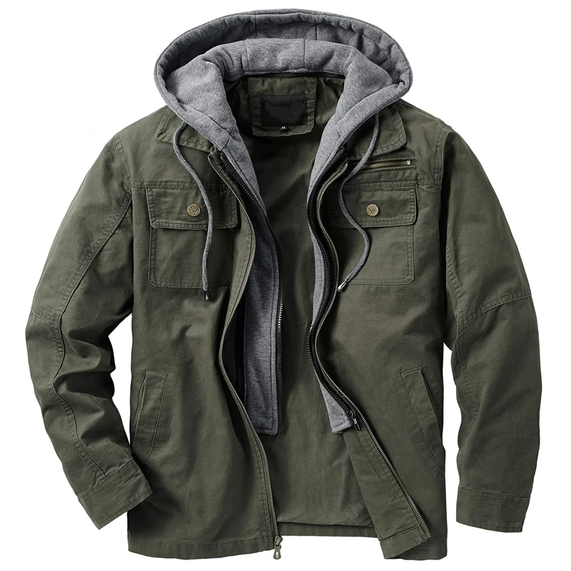 

Fashion Zipper Moto Biker Jacket Men Autumn Drawstring Removable Hooded Outerwear Coat Winter Solid Pocket Man Overcoat Harajuku
