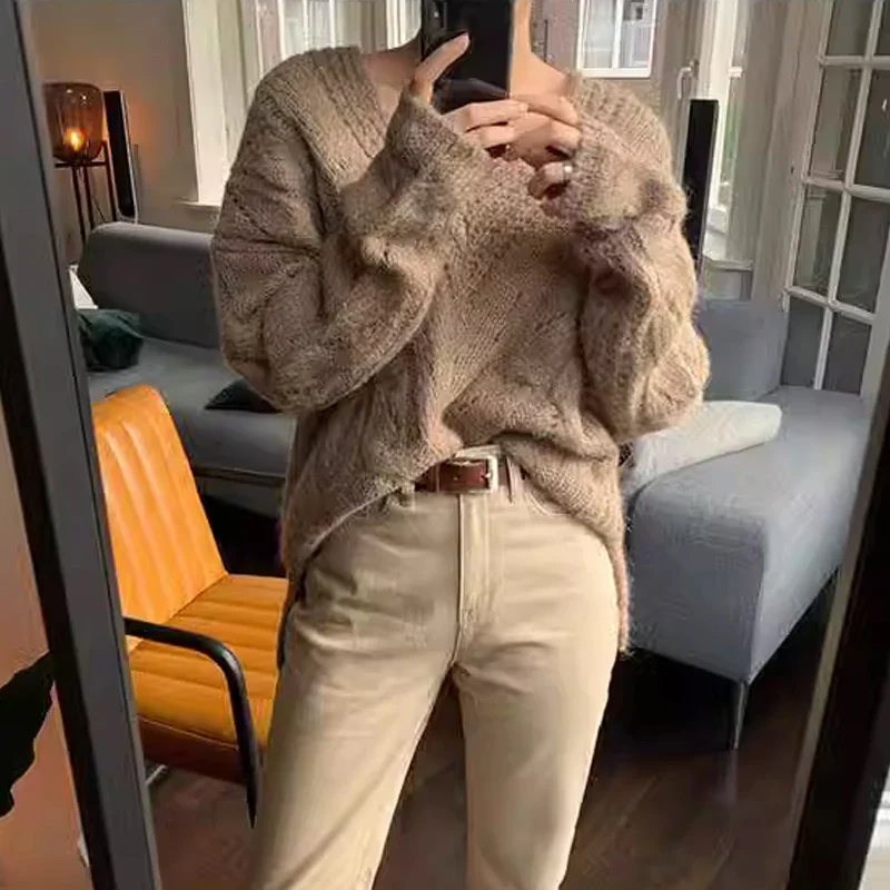 Женский вязаный свитер с длинным рукавом Свободный пуловер V-образным вырезом