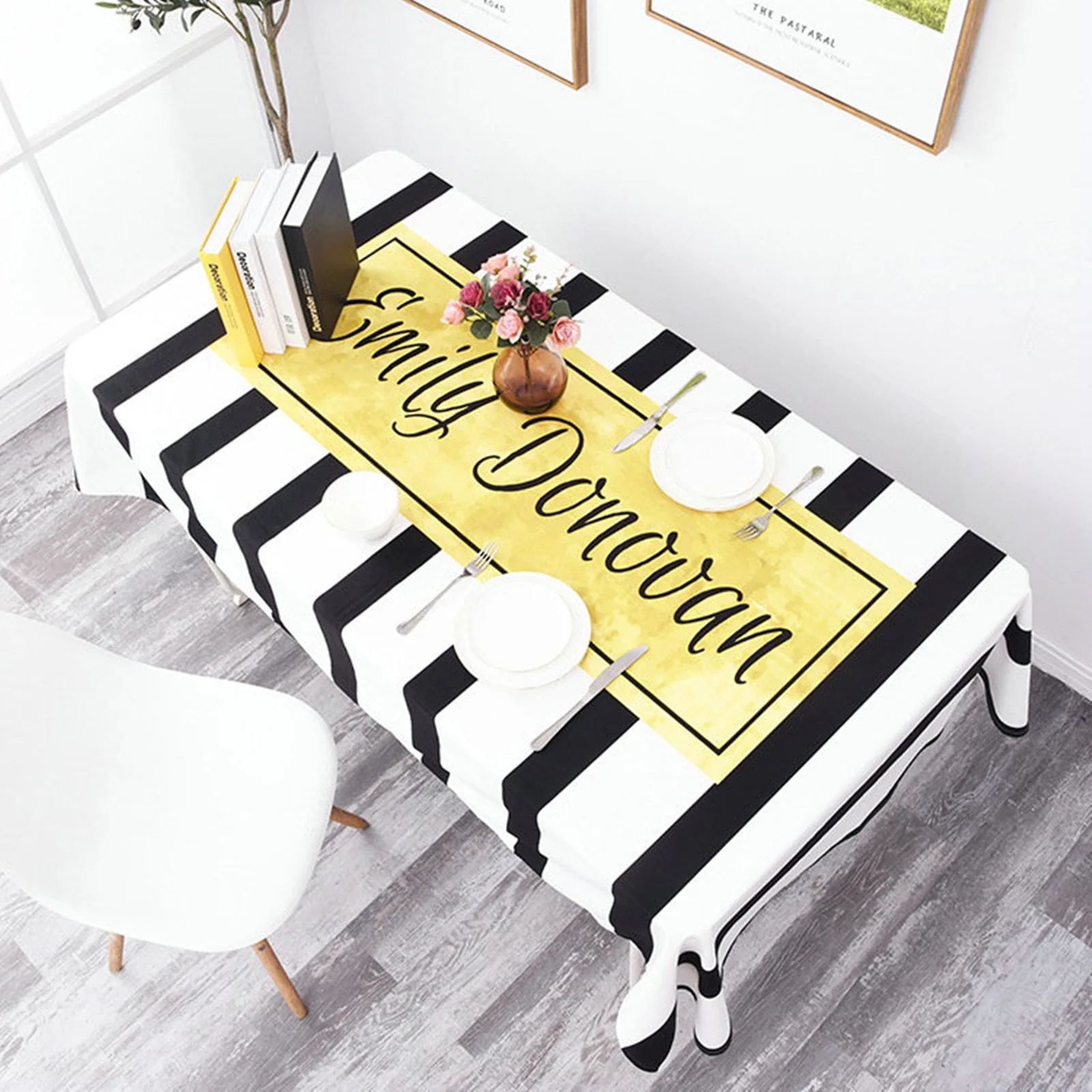 

Super-Softvelvet Tablecloths, Waterproof Table Covers Stripe White Black Yellow Dining Table Coffee Table Deco