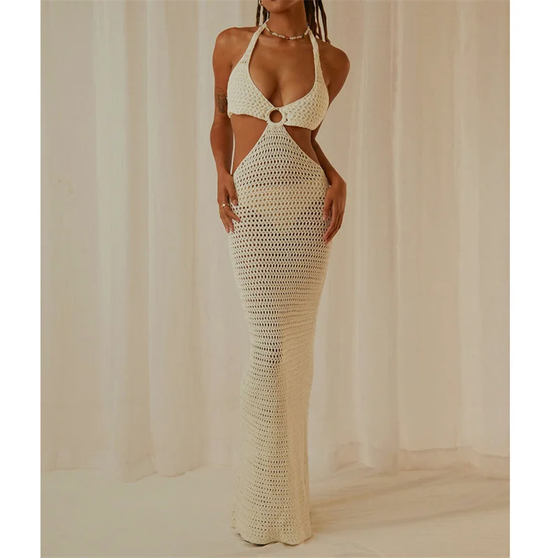 

Women Crochet Knitting Bodycon Dress Summer Solid/Striped Halter Backless Bandage High Waist Hollow out Maxi Vestidos Club Beach