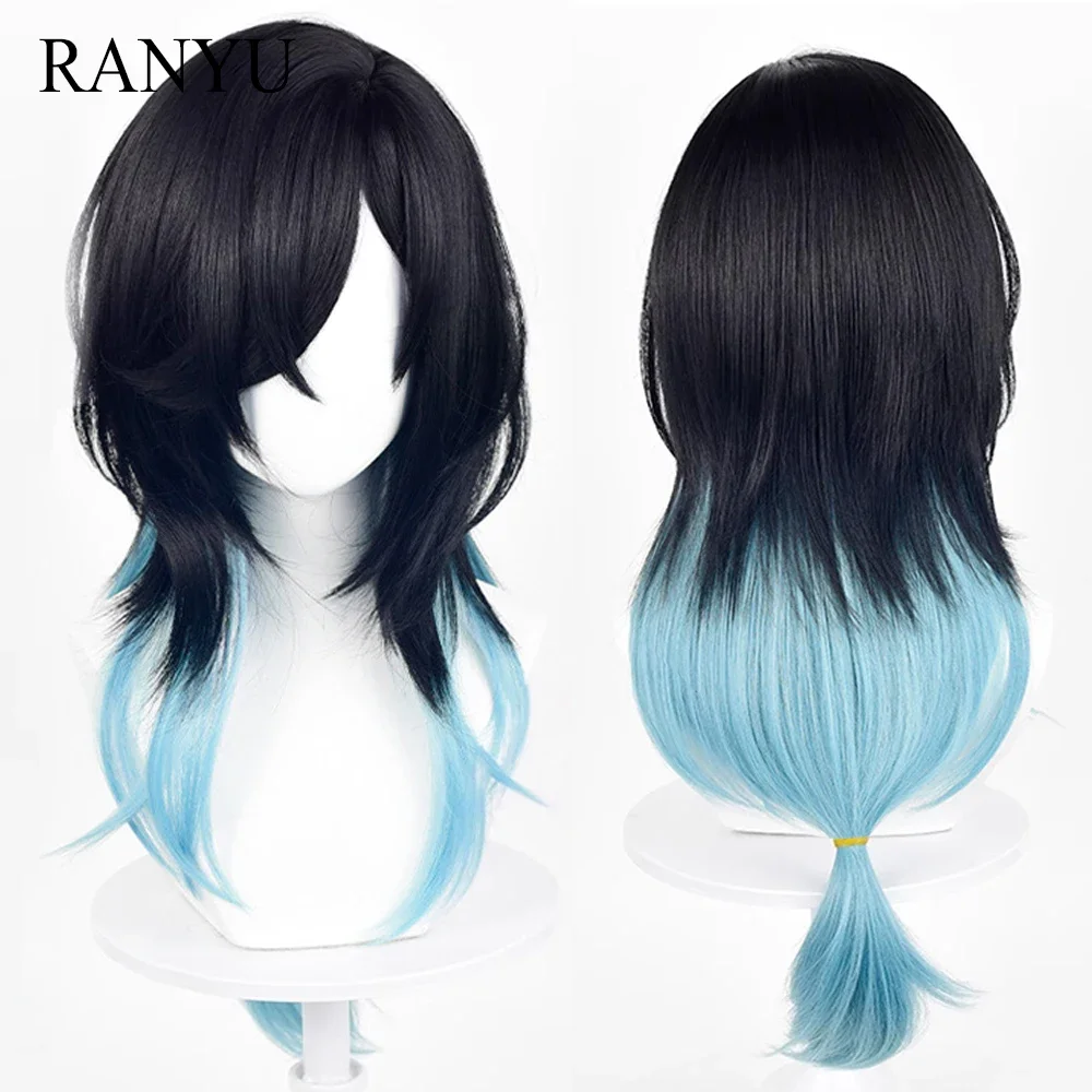 Аниме-игра синтетический длинный прямой черный парик с омбре синий челкой