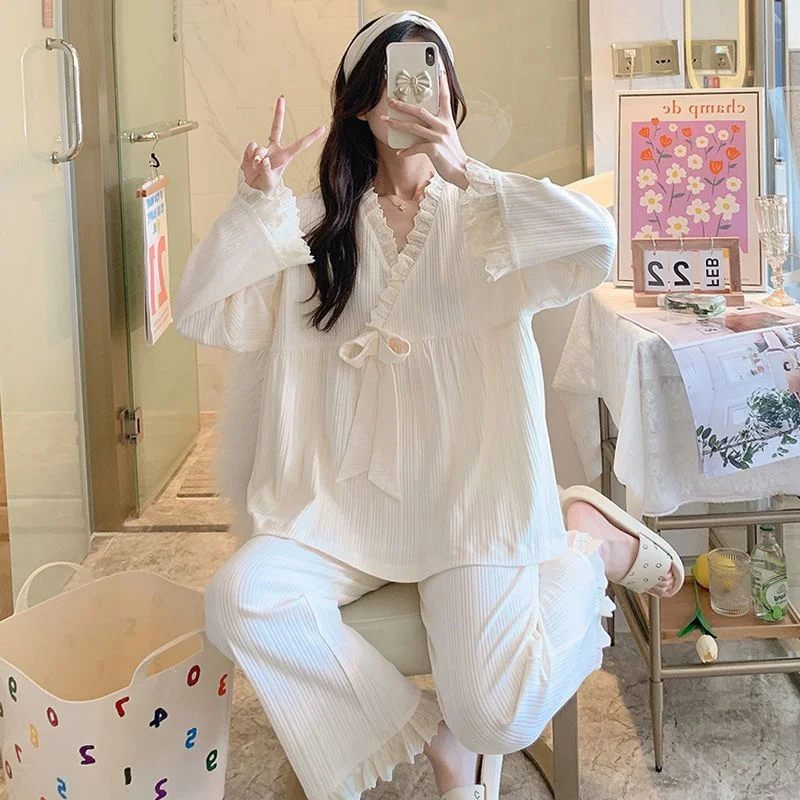 Sexy Lace Pajamas Set Sleepwear For Women Palace Princess Full-Sleeve Sweet Pyjama Women's Autumn Fashion Plus Size Homewear