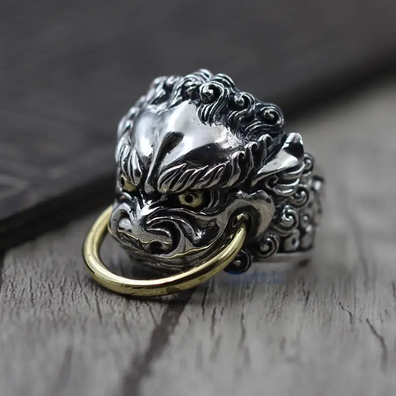 

S925 Sterling Silver Jewelry A Retro Exaggerated Personality Domineering Lion's Head Men's Rings Thai Silver Ring Tang Lion