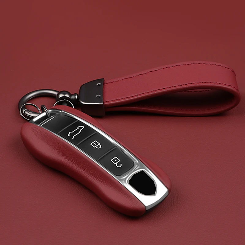 Luxury Genuine Leather for Porsche Boxster Cayman Panamera Cayenne Macan 718/911 Taycan Car Key Case Cover Protective Keychain