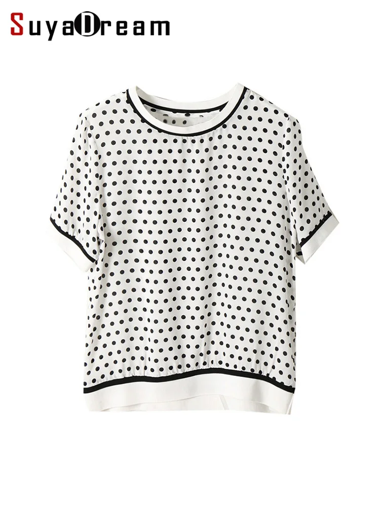 SuyaDream-Blusa de seda con estampado de lunares para mujer, camisa de manga 100% con cuello redondo, color blanco y negro, 2021