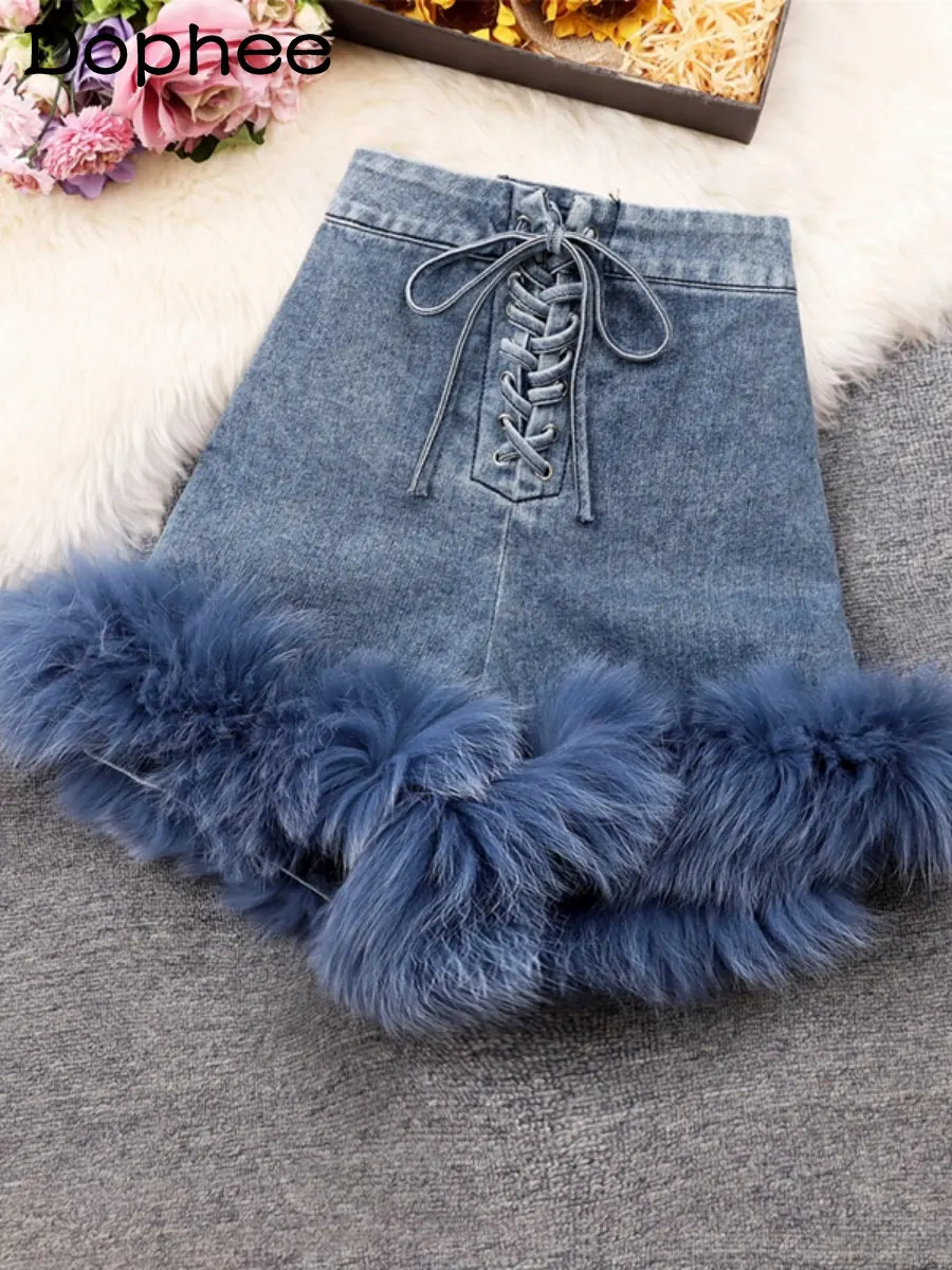 

Autumn Winter Trends Fashion Lace-up High Waist Plush Fur Denim Shorts Bootcut Pants Women's Slim Fit Jeans Shorts High Street
