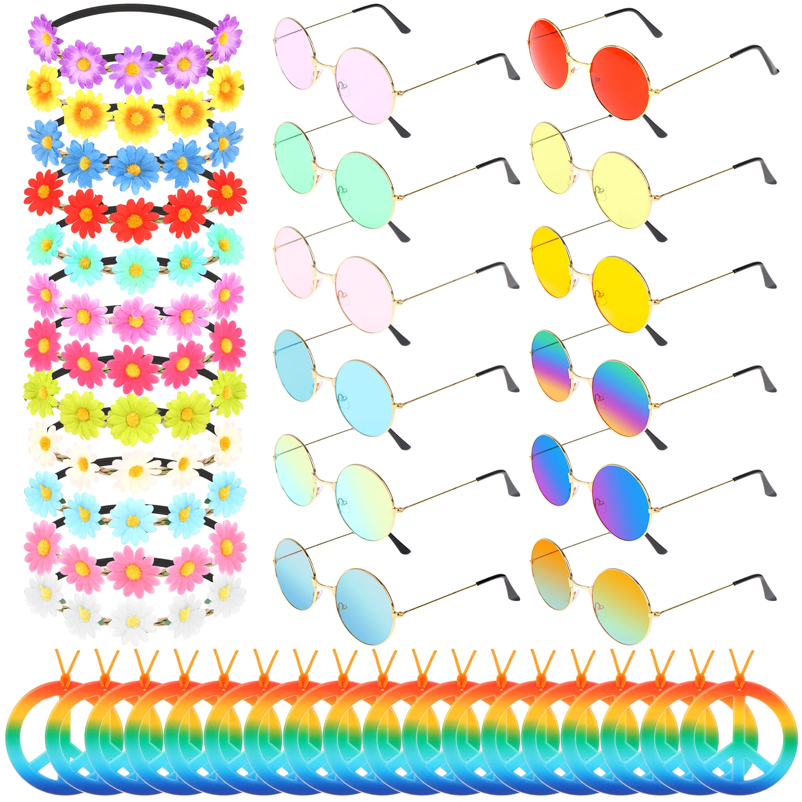 

42 Pcs Costume Party Dance Props Hippie Costume Accessory Set Colorful Peace Sign Hippie Necklaces Pendant