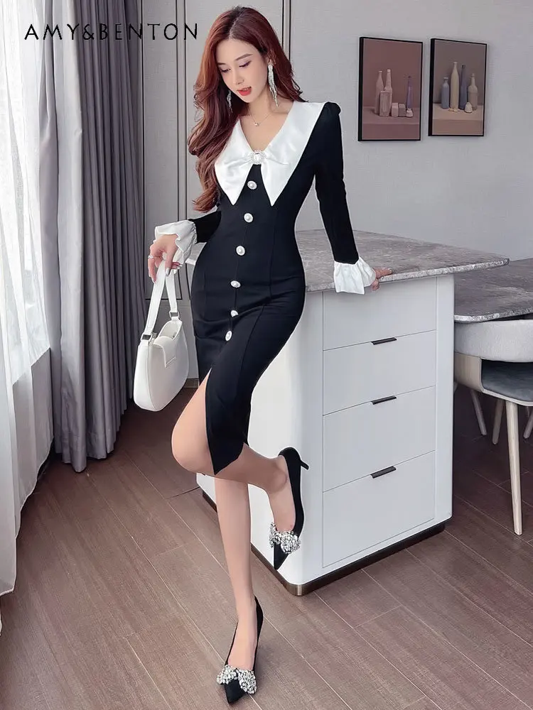 Black White Stitching Doll Collar Dress for Women 2023 Spring New High-End Temperament Fitted Waist Flare-Sleeve Bottoming Dress