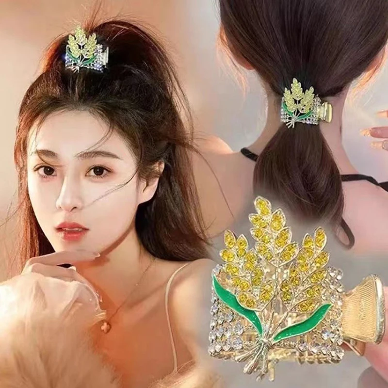 

Alloy Wheat ear Hair Clip Girl High Ponytail Fixed Claw Clip Rhinestone Metal Barrette Small Hairpin Hair Accessories For Women