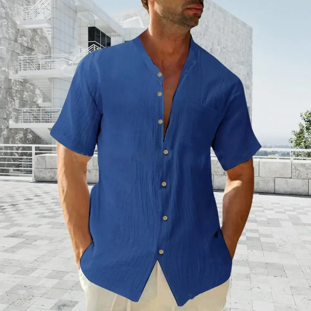 

Men Shirt Breathable Loose-fitting Cotton Linen Summer Tops Casual Short Sleeve Button Up Shirt Birthday Gift