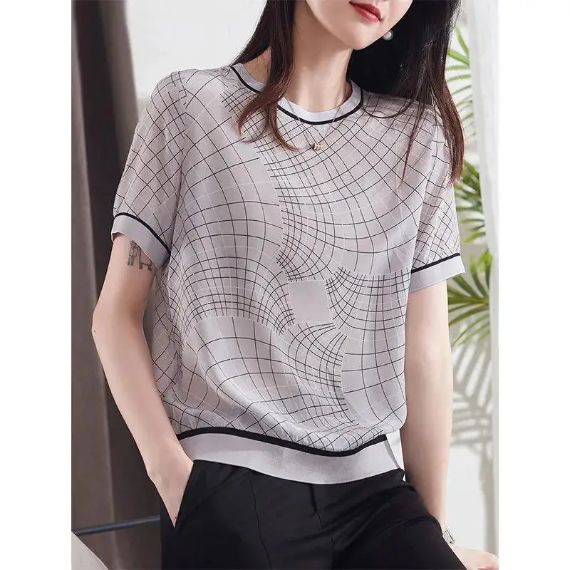 

Loose Retro Abstrac Silk Fashion Geometric Printing Short-sleeved T-shirt Female Summer Tops for Women Harajuku