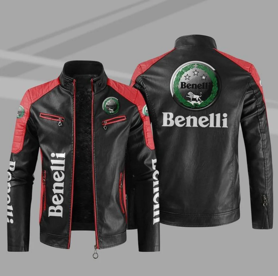 Benelli motorcycle PU Leather Jacket Patchwork Biker Jackets Casual Zipper Coat Male Motorcycle Jacket  Outwear Coat