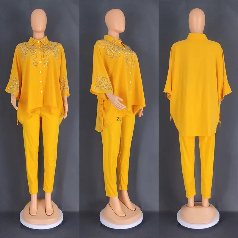 Two Piece Set Diamonds Three Quarters Sleeve Blouse Tops And Pant Suits Summer Autumn Women Set Sheath Matching Fashion Outfit