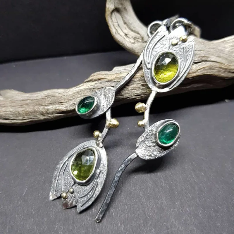 

2022 Newest Green Stone Statement Earrings for Women Vintage Jewelry Bud Flower Leaf Metal Silver Color Teal Earrings