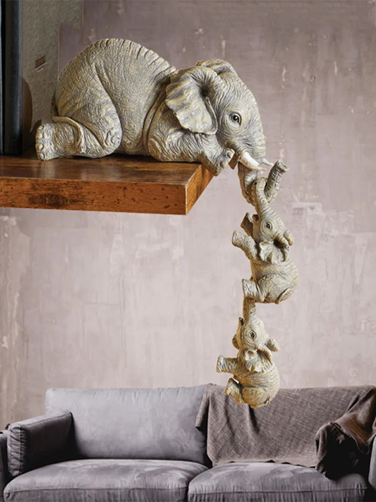 

3-Piece Elephants Mother Hanging 2-Babies Figurine Resin Craft Ornaments Miniature Living Room Home Decoration Resin Crafts Gift