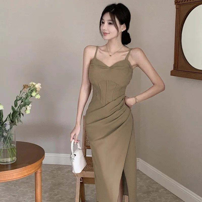 

Summer Dress Women 2023 Trendy Cover Up Beach Beachwear Stick Collect High Waist Pleating Vents New Female Solid Spandex Bathing