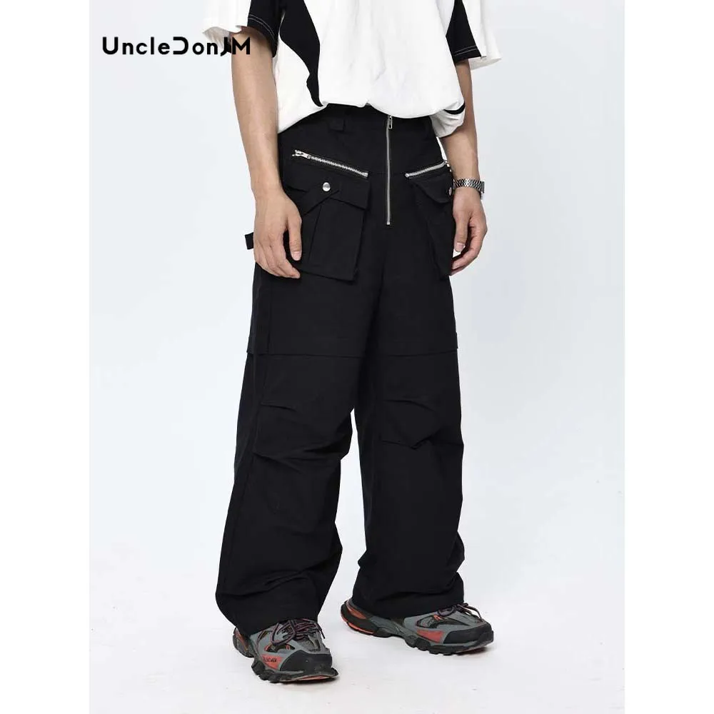 

UncleDonJM Multi-pocket Functional Cargo Pants Men Straight Wrinkles Cargo Pants Men Hip Hop Pants Men