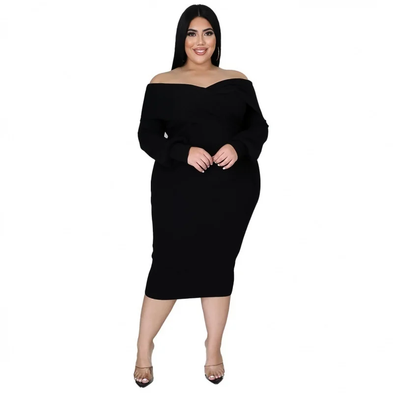 Plus Size Female Dresses Fashion V-neck Solid Color Mid-length Dress Sexy Women Elegant Party Dresses Long Sleeve Large Size