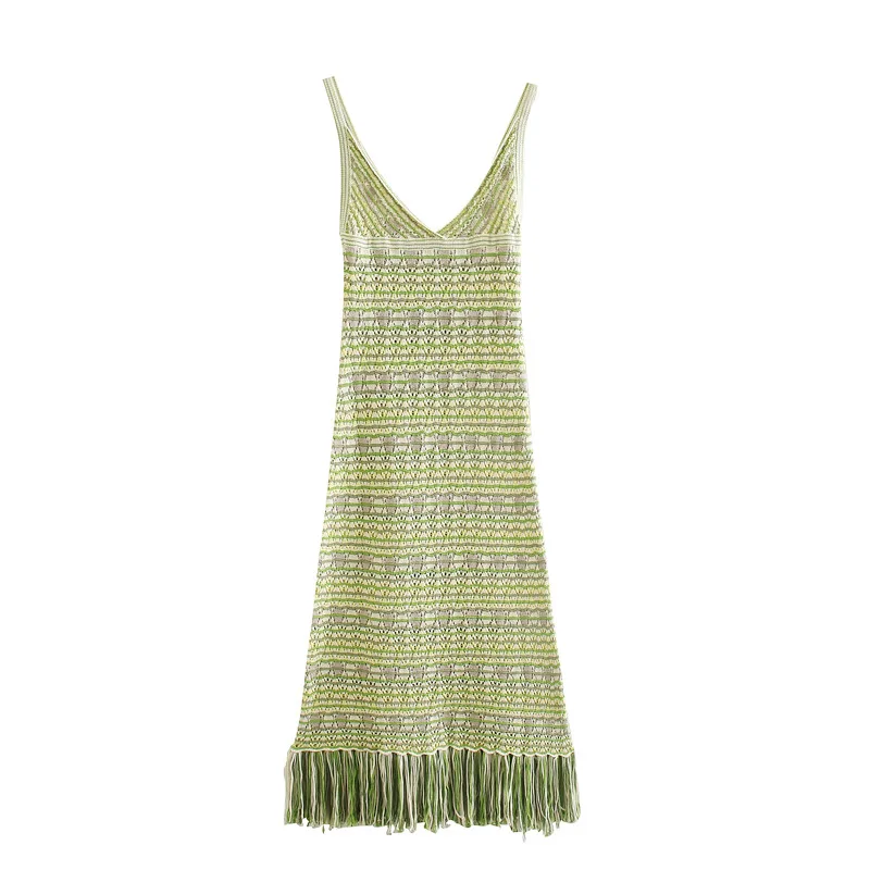Sling V-neck Slim Mid-length Wool Dress Spring Summer New European and American Ins Holiday Style Fringed Knitted Skirt