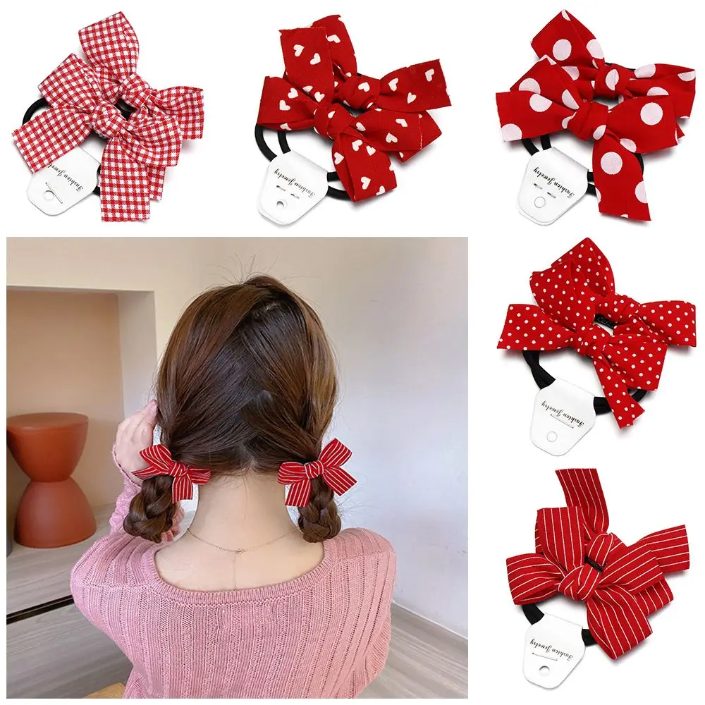 

2pcs/set Fashion Red Bowknot Wave Point Girls Head Rope Hair Rope Headwear Double Horsetail