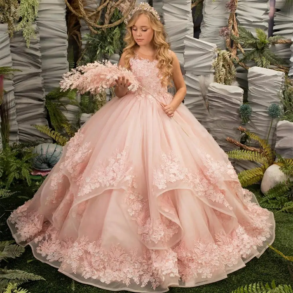 

2023 Summer Flower Girl Dress Child Tulle Layers Emboridery Communion Birthday Baptism Little Bride Dresses Ball Gown