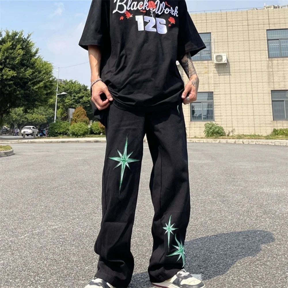 Men's Jeans Y2K Retro Embroidered Denim Trousers High Street Wide Leg Pants Street Loose Casual Jeans Letter Patch Pants Men