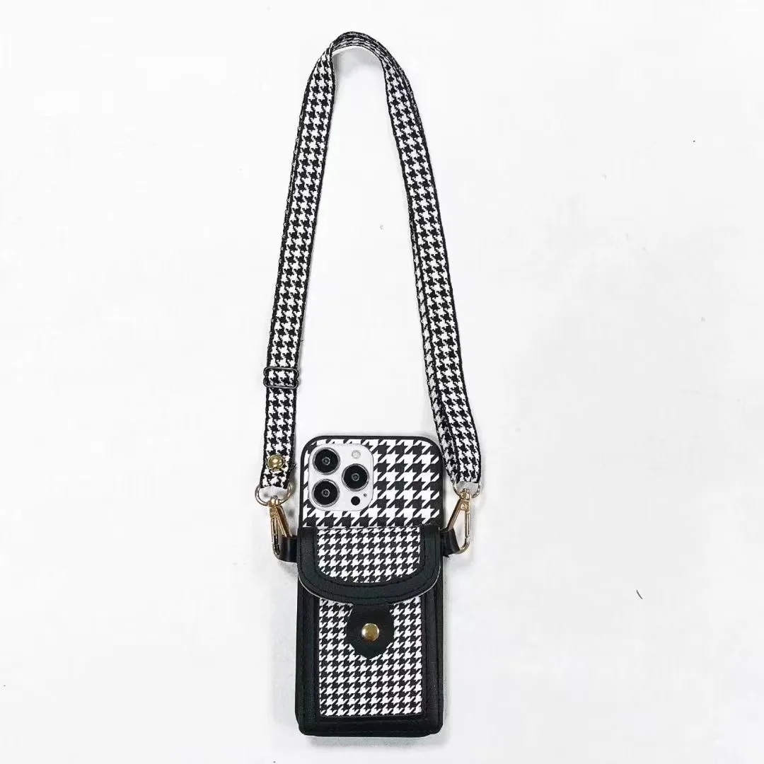 

With Lanyard Card Wallet Embroidered Houndstooth Case For iPhone 13 12 11 Pro Max iX XR XsMax SE2020 7 8plus phone case 13mini