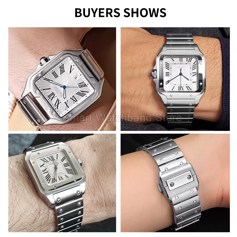 Фото Двойная застежка-бабочка для замены ремешка часов Cartier Santos 100 WSSA0009, прочный ремешок из нержавеющей стали с заклепочными звеньями. №3