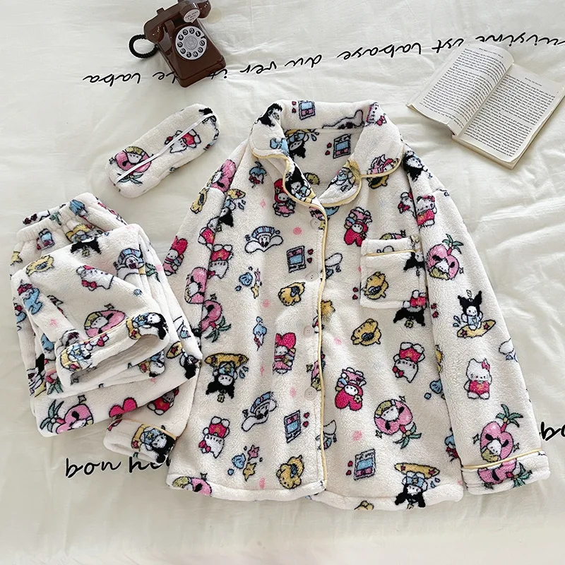 

Новинка Kawaii Sanrio Hellokitty Kuromi плюшевая Домашняя одежда зимняя пижама с длинными рукавами мультяшный Рождественский подарок на день рождения для девочек