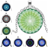 ethnic style kaleidoscope mandala pattern 25mm glass pendant necklace cabochon fashion sweater chain men and women gift jewelry