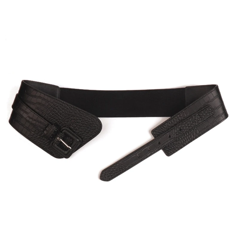 

Q39C Retro Elasticity Faux Leather Belt Stretchy Wide Waist Belt with Square Buckle