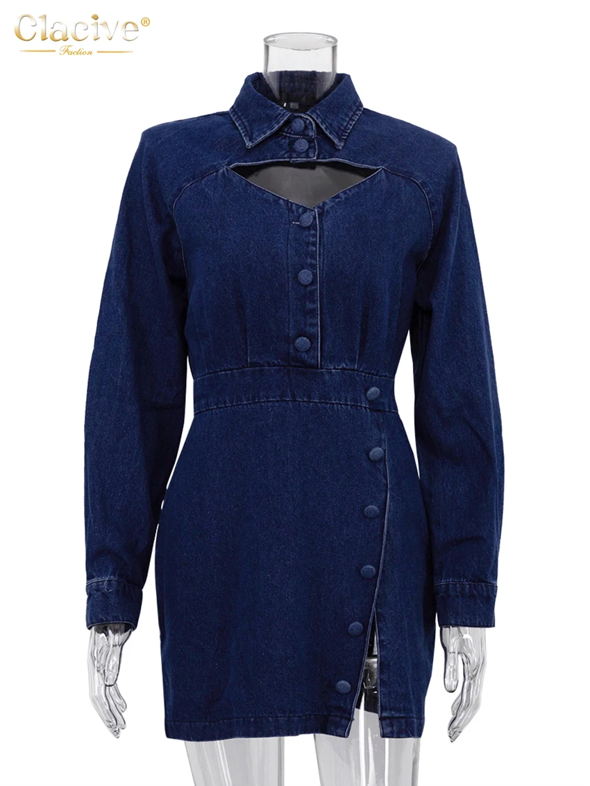 Соблазнительное Синее джинсовое мини-платье Clacive облегающее платье с отворотом и
