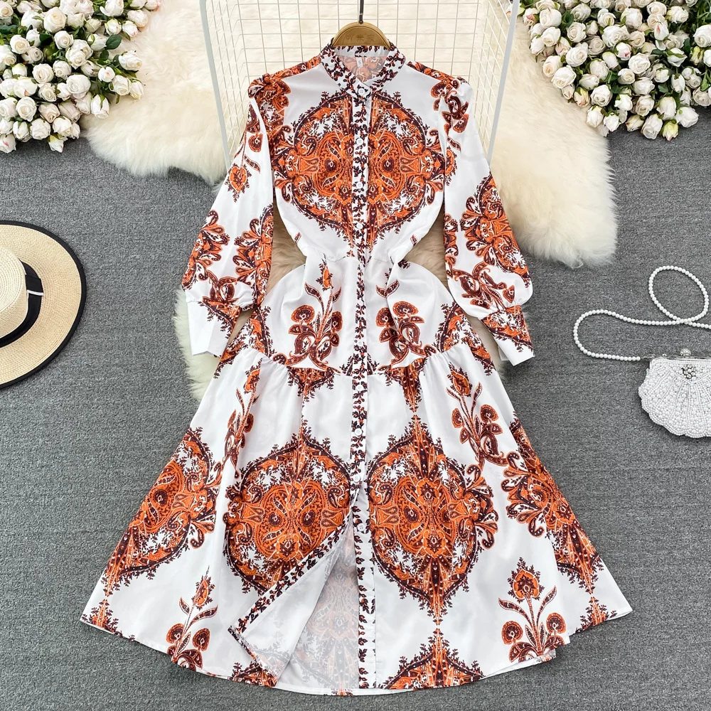 

Formal Dress Women's Spring Autumn Retro Stand Neck Long Shirt Dress Ladies Celadon Print Waist Close Elegant Large Swing Dress