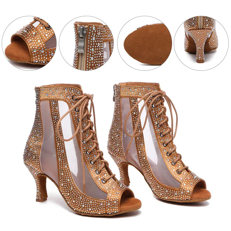 2022 HROYL Dance-Shoes Women Girls Latin Salsa Tango Ballroom Ladies Soft Bottom Modern Black Drill Mesh High Heel  Professional