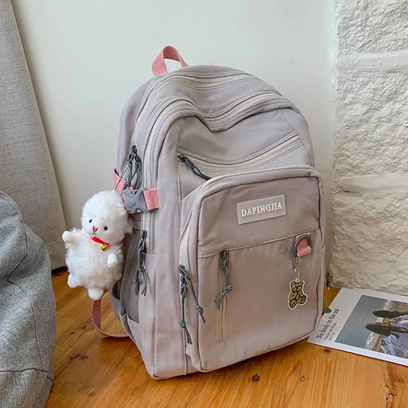 

Black Canvas Cartoon Pendant Laptop Capacity Female College Student Class Double Chain Backpack 2022 Summer Ins Travel Rucksack